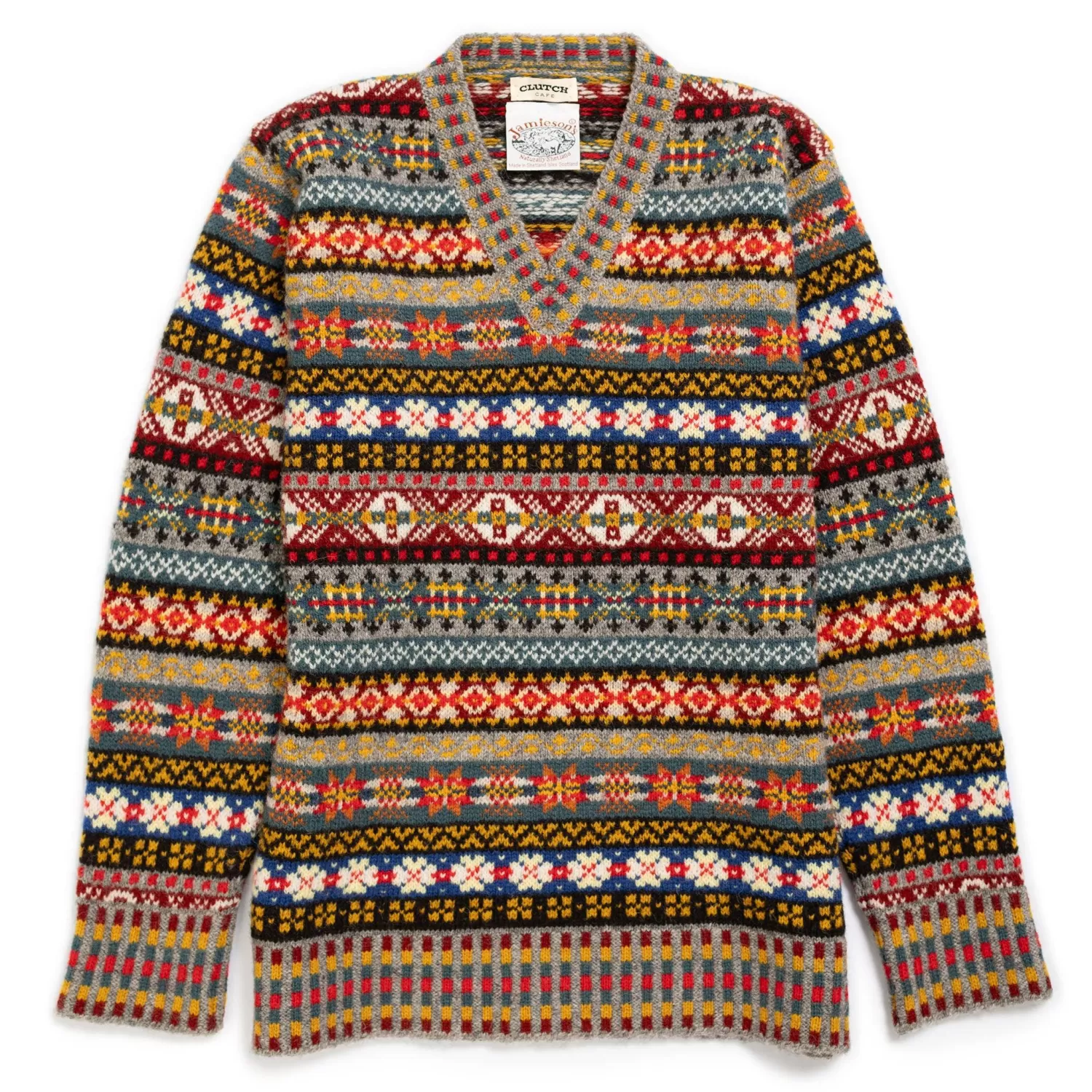 Jamieson's Of Shetland Knitwear<Jamieson's for Clutch Cafe Fair-Isle V-Neck Pullover with Graduated Rib #136 Light Grey x Red