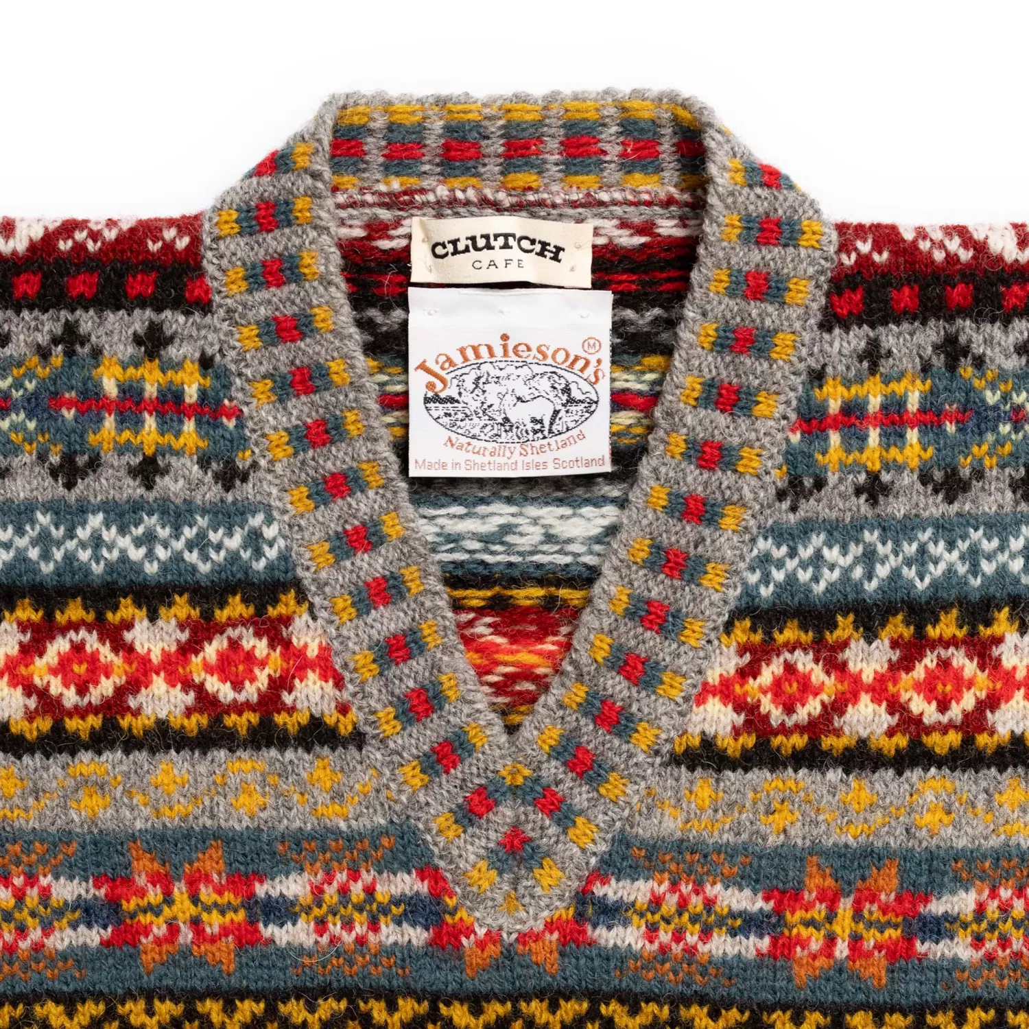 Jamieson's Of Shetland Knitwear<Jamieson's for Clutch Cafe Fair-Isle V-Neck Pullover with Graduated Rib #136 Light Grey x Red